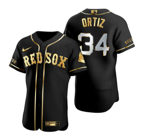 Men's Black/Gold Boston Red Sox #34 David Ortiz Flex base Stitched Baseball Jersey